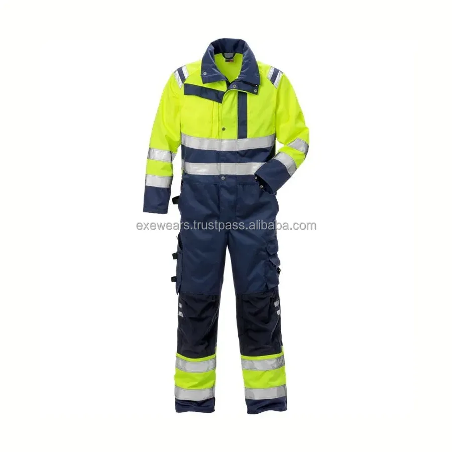 Custom Logo Industrial Hi Vis Reflective Anti Fire Cotton Fr Safety Overall Factory Construction Work Uniform Coverall Workwear