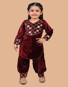 Conjunto de kurti de terciopelo de manga larga y salwar afgano - Color granate - Product Image 5