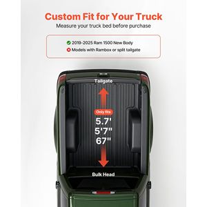 2019 2025 Ram 1500 nuova copertura del letto del cassone del cassone del corpo morbido arrotolabile da 5.7 piedi (5 piedi 7 pollici/67 pollici) Modulare portellone posteriore In alluminio PVC - Product Image 2