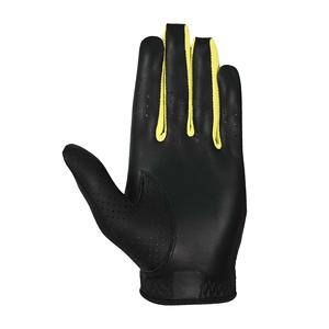 Gants de golf antidérapants jaunes contrastants avec fermeture auto-agrippante, paume en cuir noir, dos en maille tricotée, inserts extensibles pour les doigts, compatibles tactile - Product Image 2