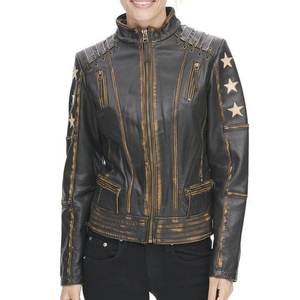 แจ็คเก็ตหนังแท้สไตล์วินเทจสีดำล้างสีสำหรับผู้หญิง  พร้อมโลโก้แบบกำหนดเองที่ทันสมัย เหมาะสำหรับฤดูหนาว  เสื้อโค้ทหนังแท้แนวสตรีทแฟชั่น - Product Image 4