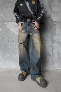 Vintage Wash Wide Leg Denim Jeans High Waist Ripped Distressed Cotton Loose Fit Men's Autumn Style Pants - Product Image 4