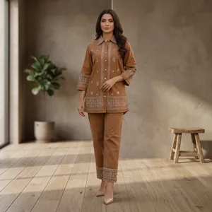 Women's Brown Embroidered Cotton Set <b>Three</b> <b>Quarter</b> Sleeve Full Length <b>Pants</b> Casual Bohemian Style All Seasons Wear - Product Image 6