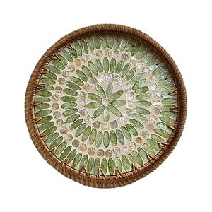 New Arrival <b>Round</b> Rattan Serving <b>Tray</b> With Mother Of Pearl Inlay Wicker Fruit <b>Tray</b> & Coffee <b>Table</b> Organizer Bohemian Home Decor - Product Image 2