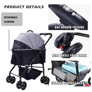 Cochecito para mascotas de cuatro ruedas con marco plegable de acero inoxidable, paneles transpirables y cesta grande debajo del asiento, 2 unidades - Product Image 6