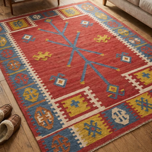 Alfombra Kilim Dhurrie Vintage de Lana/Seda, Tejida a Mano, con Patrón Geométrico, Ecológica, Antibacteriana, Apta para Mascotas - Product Image 1