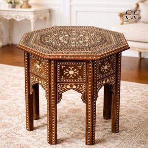 Mesita de Noche Hexagonal con Incrustaciones de Hueso Hecha a Mano, Mueble de Dormitorio con Patrón Floral Tradicional para Hotel o Apartamento, con 1 Cajón - Product Image 1