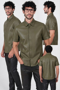 เสื้อเชิ้ตหนัง PU แขนสั้นผู้ชายสั่งทำพิเศษ เสื้อเชิ้ตแฟชั่นฤดูร้อนสไตล์ลำลองติดกระดุมหนังพรีเมียม ผู้ผลิตเสื้อเชิ้ตแฟชั่น - Product Image 5