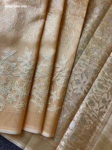 Best Fabric Banarasi Checks with Embroidery Floral Applique work-Rich Zari Woven Pallu with Tassels <b>Saree</b>-<b>Blouse</b> Indian Exporter - Product Image 5