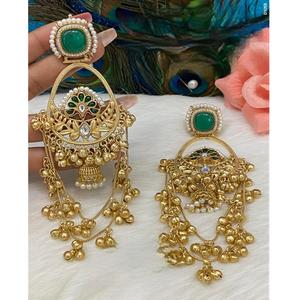 Pendientes largos de doble capa con piedras de Cachemira y acabado dorado de calidad premium para mujeres y niñas, colección para fiestas y eventos nocturnos. - Product Image 1