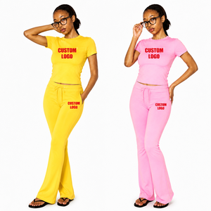 Custom Logo Short Sleeves Slim Fit Gym Tee Cotton T-Shirts Wide Leg Yoga Pants <b>Flared</b> <b>Leggings</b> 2 Pieces Women Yoga Set - Product Image 3