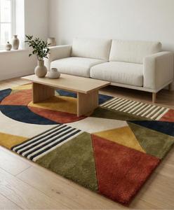 Modern Abstract <b>Block</b> Patchwork Wool Anti-Slip Medium Pile Cotton Canvas Backing Soft Tufted Terracotta Olive Mustard Multi - Product Image 3