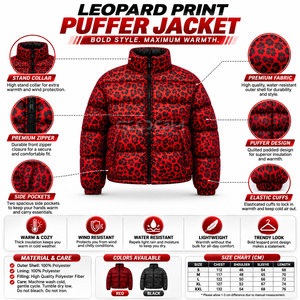 Veste matelassée unisexe Cosh International de haute qualité, imprimé léopard rouge, coupe-vent, pour l'hiver, couleur unie - Product Image 6