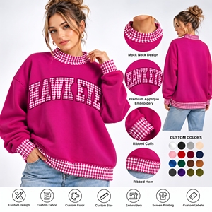 <b>Lightweight</b> <b>Women's</b> Oversized Mock Neck <b>Sweatshirt</b> With Gingham Collar And Cuffs Casual Style Full Sleeve Pullover - Product Image 1