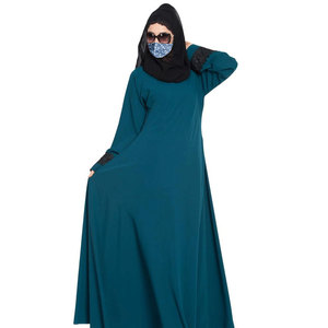 Teal Long Sleeve Floor Length Abaya With Lace Cuffs Round <b>Neck</b> Loose Fit Modest Dress For Women Middle East Style Daily Wear - Product Image 1