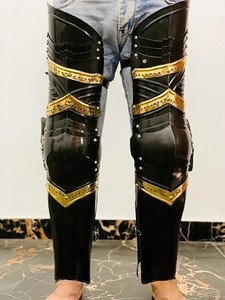 <b>Medieval</b> Modern Polished Stainless Steel Leg Armor with Die-Cut Printed Leather Straps for Traditional Theme Halloween <b>Costume</b> - Product Image 5