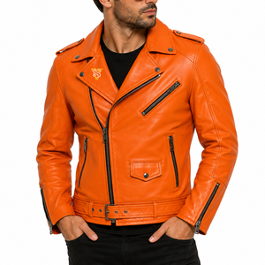 Blouson Moto Homme en Cuir PU Orange Coupe Slim Col Montant Fermeture Éclair Manches Classiques Style Hiver Logo Frontal Tendance Urbaine - Product Image 5