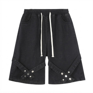 Custom Logo <b>Black</b> Baggy Denim <b>Shorts</b> with Elastic Waist Drawstring, Streetwear Long <b>Jean</b> <b>Shorts</b> with Strap Detail Wholesale - Product Image 1