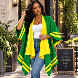 HMR Sorority Sisterhood Green Yellow Color Blocking Poncho Batwing Sleeve Casual Open Front 100% Polyester - Product Image 3