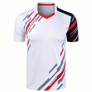 เสื้อยืดกีฬาคอวีพิมพ์ลายแบบซับลิเมชั่นสำหรับผู้ชาย แห้งเร็ว ผลิตจากโพลีเอสเตอร์ เหมาะสำหรับแบดมินตัน เทเบิลเทนนิส ฝึกซ้อม สามารถสั่งทำสีบล็อกได้ - Product Image 2