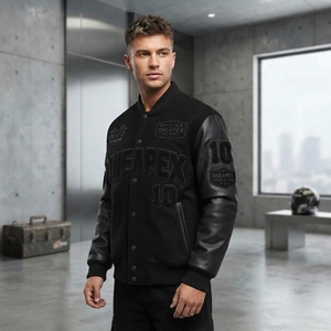 Men's Black <b>Racing</b> <b>Jacket</b> Leather Sleeves Letterman Bomber <b>Jacket</b> Motorsport Streetwear Custom Wholesale - Product Image 3