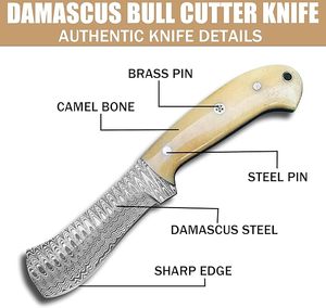 Hand Forged Damascus Steel Cowboy Bull Cutter <b>Knife</b> Custom OEM Full Tang Fixed Blade <b>Bone</b> <b>Handle</b> With Pancake Leather Sheath - Product Image 2