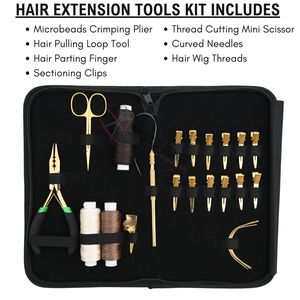 Kit professionnel d'extensions capillaires : applicateur de micro-anneaux, pince à trois trous, ciseaux de coupe, enfileur de boucles, aiguilles courbées, pinces - Product Image 2