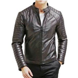 Chaqueta de Motociclista de Cuero Vacuno Azul para Hombre, Cuello Alto, Cierre de Cremallera, Corte Ajustado, Largo Regular, para Otoño - Product Image 5