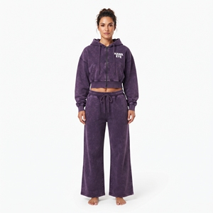 Conjunto Casual de Fabricación al por Mayor para Mujer: Top Corto con Cremallera Completa, Mangas Largas, Hombros Caídos y Sudadera con Capucha, y Pantalones Jogger de Pierna Ancha con Lavado Ácido - Product Image 5