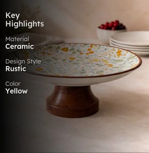 Elegant Round Ceramic Cake Stand with Floral Pattern and Wooden Base Handmade Dessert Display - Product Image 2