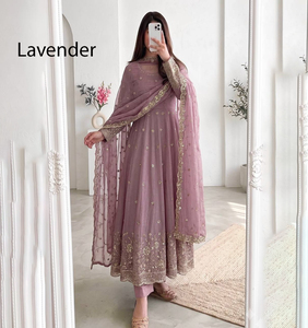 Conjunto de Vestido Anarkali de Seda para Mujer, para Bodas y Fiestas, con Diseño Pintado a Mano, para Invierno y Verano, con Pantalón y Dupatta - Product Image 1