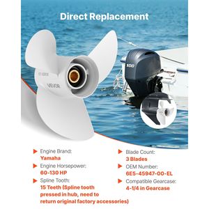 Elica Marina in Alluminio a 15 Denti per Motori Fuoribordo Yamaha 60-130 HP, Compatibile con Elica OEM da 4-1/4 Pollici - Product Image 2