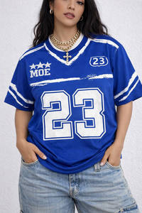 Camiseta Deportiva Personalizada Azul con Cuello en V para Mujer, Estilo Urbano, con Número Estampado, Venta al Por Mayor, Proveedor de Camisetas de Fútbol Americano - Product Image 2