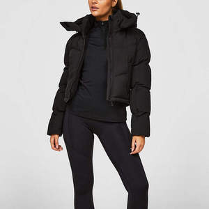 Women's Black Quilted Puffer Jacket Hooded Zipper Closure Full Sleeve <b>Thick</b> <b>Winter</b> <b>Coat</b> Solid Color Polyester Wadding Customize - Product Image 1