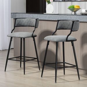 Sgabelli da Bar Altezza Bancone 26FT con Rivestimento in PU Grigio, Sedia da Bar per Isola Cucina con Base e Poggiapiedi in Verniciatura a Polvere Nera - Product Image 2