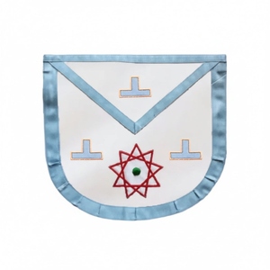 Delantal Masónico Bordado de Alta Calidad con Pin de Seguridad - Rito Francés Maestro Masón, Tela Moiré Azul Cielo, Tres Rosetas - Product Image 1