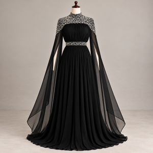 Robe de soirée longue noire perlée à col montant, sans manches, plissée, pour soirée formelle - Product Image 1