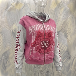Snowgrace Hooded Zip-Up <b>Sweatshirt</b> <b>Pink</b> White Oversized Crop Fit Streetwear Unisex Print Front Logo - Product Image 2