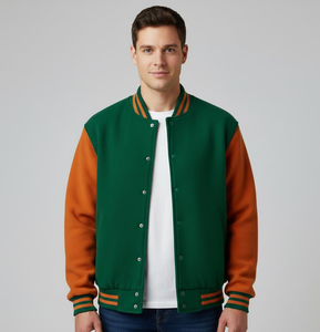 Veste universitaire unisexe verte et orange |   Blouson bomber en polaire |   Veste de sport Holiday Streetwear à blocs de couleurs vert et orange, style universitaire, taille régulière - Product Image 6