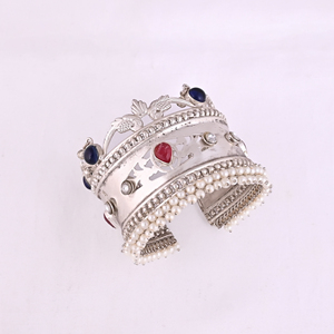 Women's Pink Hydro & Blue Hydro & Kundan Pearl Ethnic Cuff <b>Bracelet</b> | Silver Plated Brass Jewelry - Product Image 1