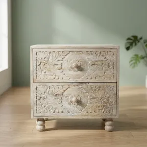 Mesa de Noche Vintage de Madera Tallada a Mano con Dos Cajones, Diseño Floral, Gabinete de Almacenamiento para Dormitorio o Sala de Estar - Product Image 6