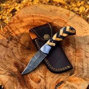 Premium Damascus Folding Knife Wood Handle <b>Drop</b> Point Blade EDC Pocket Hunting Leather Case Gift 3-Year Warranty TARJ ENTERPRISE - Product Image 6