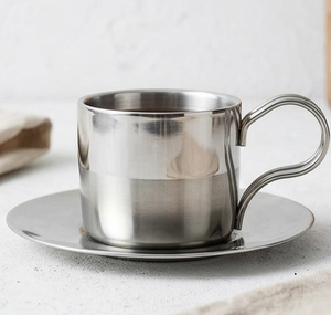 Juego de Taza y Platillo de Acero Inoxidable con Asa, Taza de Café Metálica Minimalista para Camping, Hogar y Hotel - Product Image 4