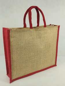 Natural Jute <b>Tote</b> Shopping <b>Bag</b> Red Fabric Trim Rope Handles <b>Zipper</b> Closure-Reusable Eco-Friendly Wedding Exhibition Grocery <b>Bag</b> - Product Image 5