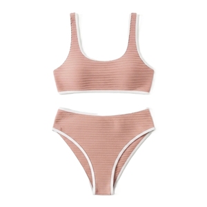 Women Ribbed Bikini <b>Set</b> <b>Square</b> Neck High Waist Solid Color Contrast Binding Swimwear Two Piece Spandex Polyester Stretch - Product Image 3