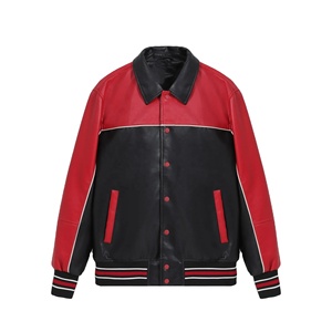 <b>Men's</b> Red Black <b>Leather</b> Varsity <b>Jacket</b> Turn-down Collar Button Closure Casual Autumn Wear - Product Image 5