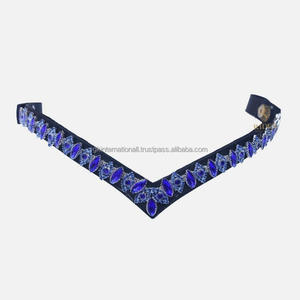 Banda personalizable para cejas de caballo de cuero en forma de V profunda decorada con cristales grandes azules cadena ostentosa banda para cejas para brida inglesa - Product Image 6