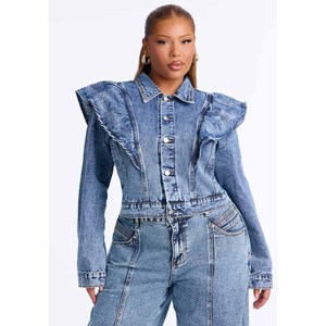 <b>Women</b> Denim <b>Jacket</b> With Ruffled Collar Full Sleeve Style Spring Wear <b>Light</b> Weight Comfortable Short Length - Product Image 6