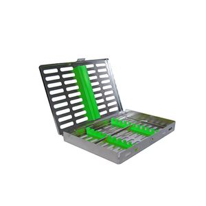 Casete de esterilización dental de acero inoxidable con soportes de silicona, bandeja autoclavable para instrumentos quirúrgicos, precio económico - Product Image 1