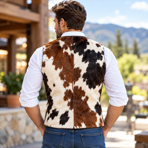 Gilet en cuir de vache véritable à poils pour homme |   Blouson de motard sans manches |   Gilet en cuir de vachette avec fourrure pour homme - Product Image 2